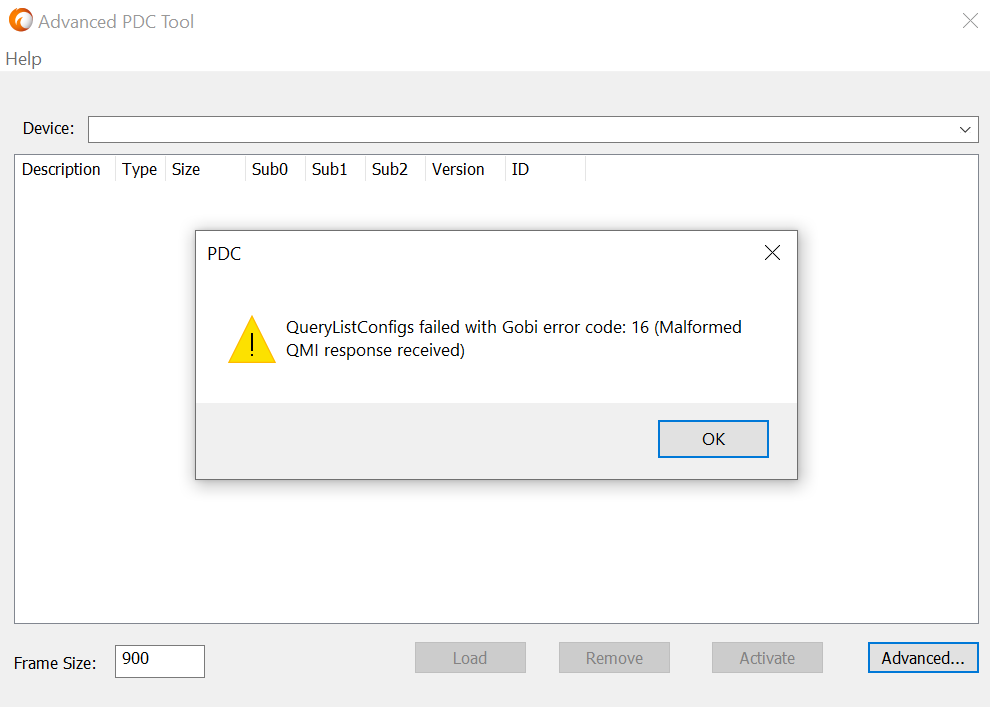The PDC tool running and showing a warning: "QueryListConfigs failed with Gobi error code: 16(Malformed QMI response received)"
