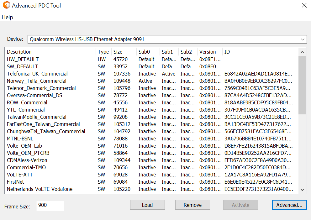 The PDC tool running and working. The tool is connected to the Device: "Qualcomm Wireless HS-USB Ethernet Adapter 9091".
In the middle is a table with the following columns: "Description, Type, Size, Sub0, Sub1, Sub2, Version, ID" and showing 
the profiles